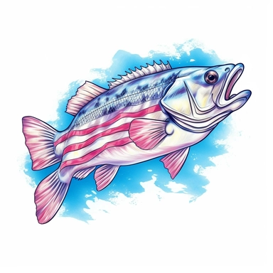 A Bass fish, the american flag with a vintage art style, evoking a patriotic and nostalgic mood, illuminated by bright and bold lighting, T - shirt design graphic, vector, contour, white background style by Lucy Fleming, watercolor, smooth gradients, black contour outline, ultra detailed, clipart elements, delicate pastel colors, solid white background, super clear, high quality