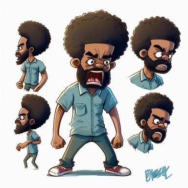 Draymon, 40 year old black man, angry pose, hands in fist, grinding teeth, mad, illustration for children's book,40 years old, curly black and gray faded flat top afro, large eyes, wearing blue jeans, blue shirt, brown shoes, full beard, full lips, Watercolor Clipart, strybk, full Illustration, 4k, sharp focus, watercolor, smooth soft skin, symmetrical, soft lighting, detailed face, watercolor style, strybk, Octane rendering, 3d. Perfect face, detailed face, delicate face, perfect round lips, de