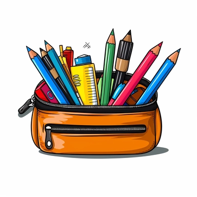 Clipart of a pencil case with pencils, pens, and erasers, Hand Drawn Back To School Clip Art, white background