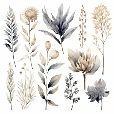 Watercolor Elegant Neutral Colors whites, creams and grays Bohemian leaves, Floral Clipart, Bohemian Wild Flowers, Bohemian Leaves Watercolor, 8k