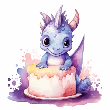 Cute happy Watercolor cake Baby Dragon Clipart, on a white background