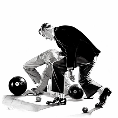 PT 1920’s spot illustration of an 8-ball crushing a man, just his shoes under the 8-ball, Dover publications clip art, black and white, white background <#1101269105048305814>
