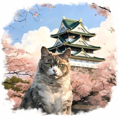 cherry blossoms laden on Osaka Castle Bottom, Siamese Cat wearing a Japanese kimono, sunset. Clipart Watercolor By Yuzo Komori. clean line, white background & space around. Bottom view