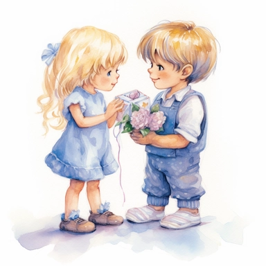 a cute little girl about three years old, with pigtails on her head and blonde hair, wearing a flowing lila dress and socks on her feet, receives a flower as a gift from a cute boy with rosy cheeks about 4 years old, who is in love in her and she is verry happy about it, babyblue, lila, white aquarell, clipart