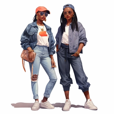 black, African American girls wearing 1990’s style urban streetwear clipart, watercolor style, hyper realistic, detailed, white background