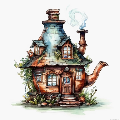 a Teapot House watercolor Clipart sublimation clipart graphic, full body, clipart, sticker, a single picture, cartoon style, highly detailed, 8k, one image in the frame--no text in the picture--