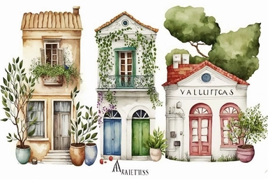 Very cute and Whimsical antique houses of Athens, ancient Greece, Parhenon, colorful, Watercolor, clip art, white background,
