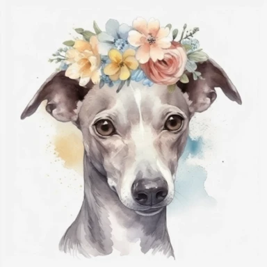 watercolor italian greyhound with a floral crown in the style of watercolor highly detailed clip art