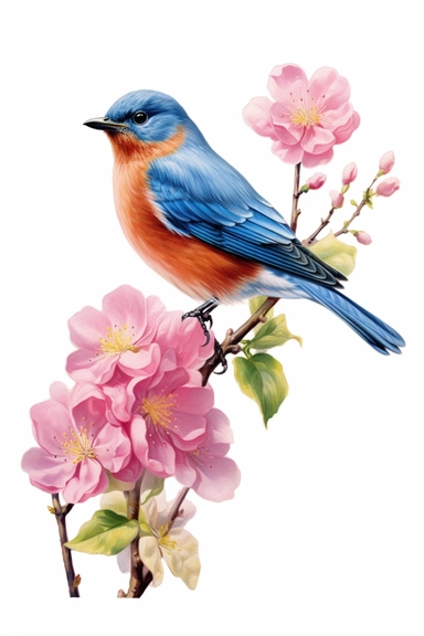 eastern bluebird with flowers. use a combination of vibrant colors and subtle variations in color to capture the freshness and vitality of the scene. Let the transparent and flowing nature of watercolors add a sense of lightness and movement to the painting, clipart, plain isolated white background, 8k ultra detail high sharpness