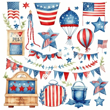 watercolor 4th of july patriotic decorations, illustrations clipart set, simple, , cartoon elements , bunting, ribbon elements, door wreaths, different variants , separate elements with a margin