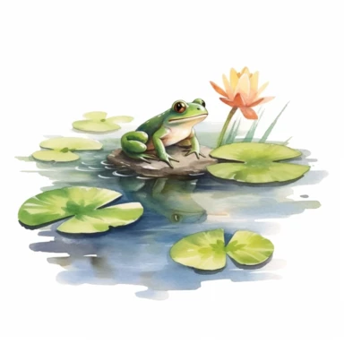 Watercolor Lily Pond Clipart - springtime cute lily pad and frog pond, clipart, white background
