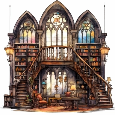 gothic watercolor clipart, old dark and atmospheric library with bookshelves, ladder, stained glass, high ceilings, big chandlier, winding stairs, study desks with lamps, dark academia aesthetic, dark aesthetic, detailed, UHD, 8K, 3D, solid white background