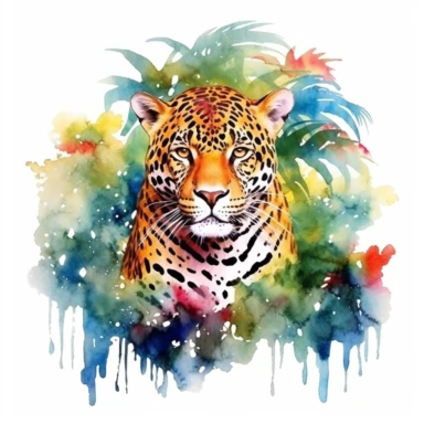 Watercolor jaguar in rainforest clipart, for childish cards, illustration style, on white background, detailed, hd