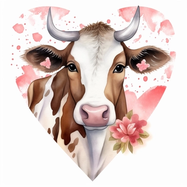 Cow In Heart Watercolor Sublimation Clipart, Clipart, white background, no watermark, no text, no word,