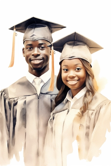 realistic watercolor drawing of dark skinned woman and man couple wearing cap and gown on graduation day clipart, front view, in style of Michiel van Huysum, subtle faded color variations, hyper-detailed hd clipart, on white background, spaced out