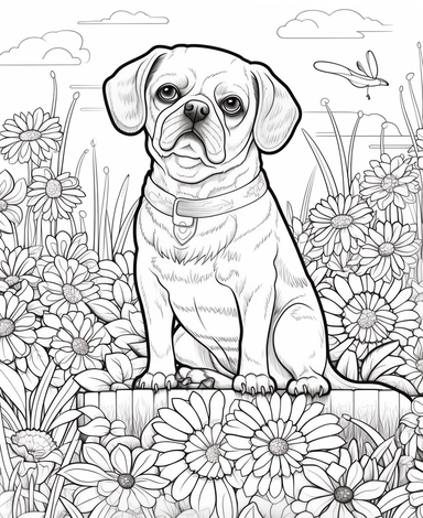 expert coloring page style of realistic pug Dog breed Clipart, simple garden background, simple line art, line is crisp and clean, easy to color, masterpiece