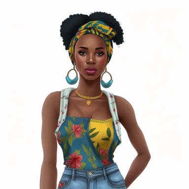 ultra realistic, hand drawn, clipart, The woman you're describing has a bold and confident sense of style. She's wearing a pair of torn denim jeans that fit her perfectly and add a touch of edge to her outfit. Her off-the-shoulder African print halter top is colorful and vibrant, with a bold pattern that draws attention to her shoulders and neckline. The halter top is designed to accentuate her figure, and she wears it with confidence and ease. To complete her outfit, she's chosen a pair of high