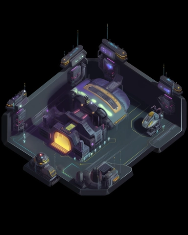 isometric perspective, game sprite, futuristic small spaceship hanger concept, gaming asset, sci-fi, fun, creative, cartoon, clipart, hyper-detailed, black background,