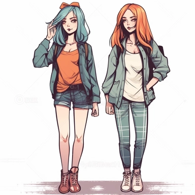 2 girls standing looking straight, illustration style, with colored length hair, wearing trendy fashion clothes looking head straight clipart