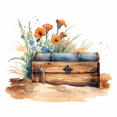 ancient egyptian scroll with desert flowers with dust coming out of an old wooden box from the beginning of the 20th century, clipart white background, watercolor