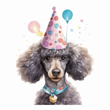 clip art, a poodle wearing a party hat and eating cake, birthday, isolated on a white background