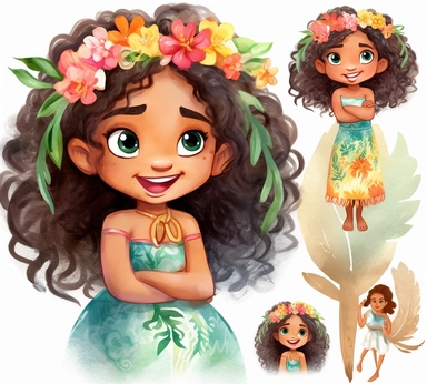 cute adorable little hawaiian princess character watercolor clipart, disney, pixar