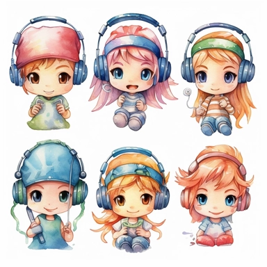 a watercolor Kawaii looking gamer chibi accessoire on white background as clipart. 6 panels with very different items.