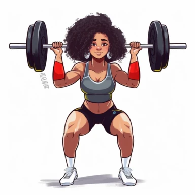 Black Female Olympic weightlifting, Black hair, squatting with barbell over head, detailed face, detailed hands, long beautiful hair, sports clothes, cartoon art, clipart style, solid white background