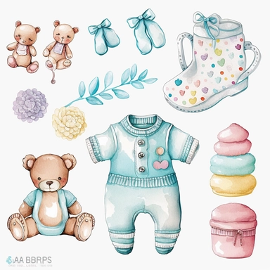 Cute baby clipart watercolor set, pacifier, socks, romper, bib