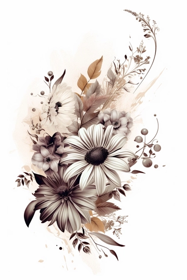 flower corner freebie floral border clipart, in the style of black and white realism, brown and gray, uhd image, tattoo, monochromatic paintings, contemporary fairy tale, eye-catching detail