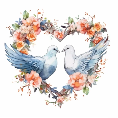 watercolor clipart of wedding doves kissing inside a floral heart wreath, colored ink illustration, good composition, vector, contour, isolated white background, 26k