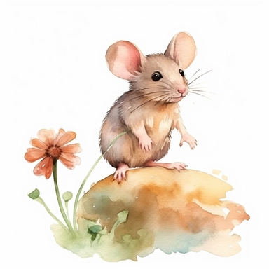 Mouse holding Flower Clipart, watercolor, realistic, standing on hill, between grass, white background