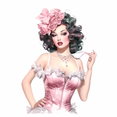 beautiful stunning pretty vintage burlesque girl, elegant corsets and jewles, burlesque stuff,paint art style, clipart, white background, superrealistic, one of a kind