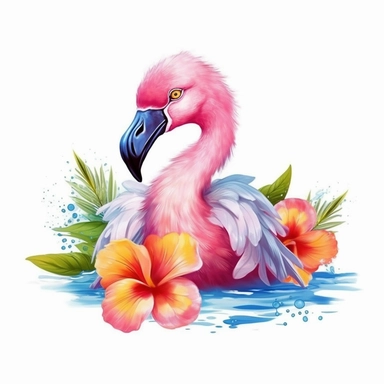 vibrant colored baby flamingo with beautiful frangipani flower, Valentine's Day, clipart, without text in the picture, white background, isolated on white, logo design