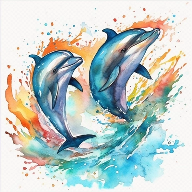 dolphins jumping out of water, watercolor, the Bright colors, High Definition, clipart