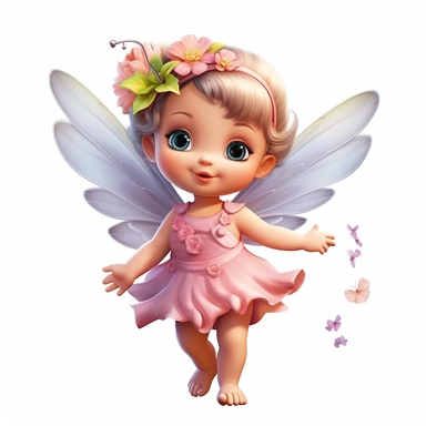 a beautiful happy baby fairy girl, pink flowered dress, blue eyes, highly detailed image, full body image, big wings, pixar style, clipart, white background,