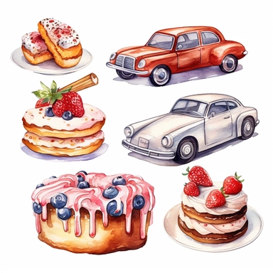 Watercolor style, union jack, cake, cars, coffee, donuts and florals variations, hyper realistic detailed clipart, on a white background