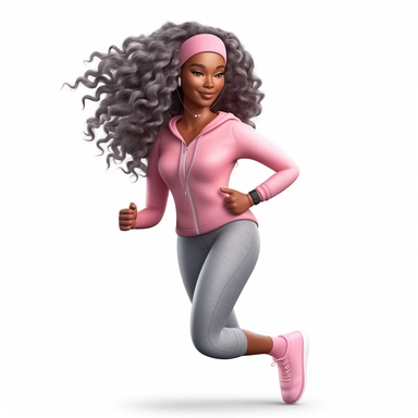 Beautiful young African American lady, with long wavy hair, exercising and brisk walking,wearing pink and gray gym clothes, with pink and gray theme clipart png, sticker, hd, 8k,detailed, good notes, no background