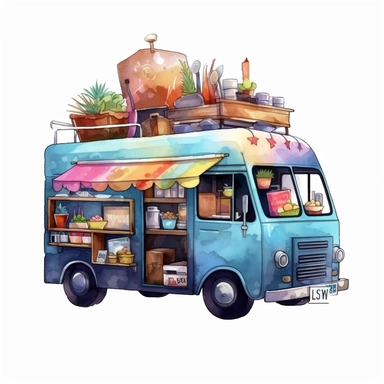 One Food Truck Watercolor Sublimation Clipart, Clipart, white background, no watermark, no text, no word,