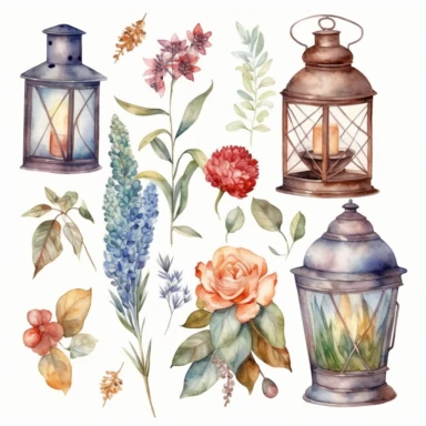 lanterne Cottagecore aquarelle, beautiful watercolor cliparts of old floral wall lamps, magic colors, white background, margin, 8k