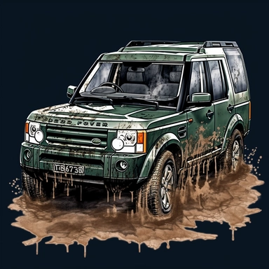 car clipart,sketch,t-shirt design vector graphics, dark green land Rover discovery 3 year 2005, sand AND water Splash, high detail design,high quality,contour, no text, identification symbol, 8k,--ar 3:4,--c 80
