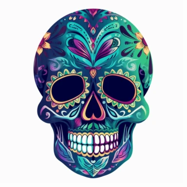 2d artistic sugar skull clipart style with beautiful detailed features.tribal astetics,pure white background with clear edges around skull.colorful but not radiant.mystical,meaningful,epic,for sublimation and cutout out so nothing outside of the lines.only 1 skull,hd,extreme detail