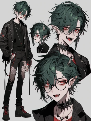 anime boy, messy dark green hair, red eyes, sharp teeth, choker necklace, grey black striped sweater, black pants, hair clip, goth, punk, red, gothic, lip ring, round glasses, pointed ears, vampire, black jacket, full body, man, male, tattoos, reference sheet