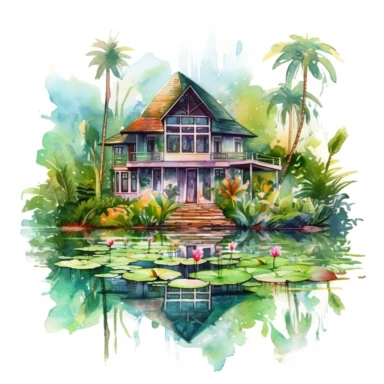 watercolor magical bungalow house in the tropical jungle with amazing garden clipart near the river, lotus plants on the water surface, peacefull, white background, 8k