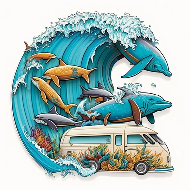 Craft an enchanting image of a van skillfully riding a cascading wave, surfboards positioned for action, while a family of dolphins playfully swims alongside, against a clean white backdrop, illustration style, white background, clipart, PNG pure white background, high resolution, hyper detailed, best quality, high detailed illustration