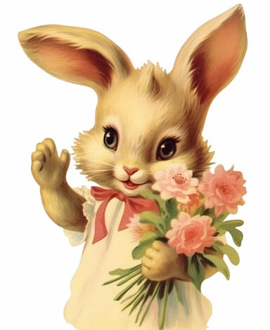 1950's greeting card graphic, clipart, anthromorphic pretty baby bunny, vintage, happy, holding flowers, cute, adorable, shabby
