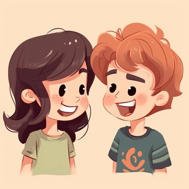 A laughing girl and a boy face each other, cartoon, cute, clipart style