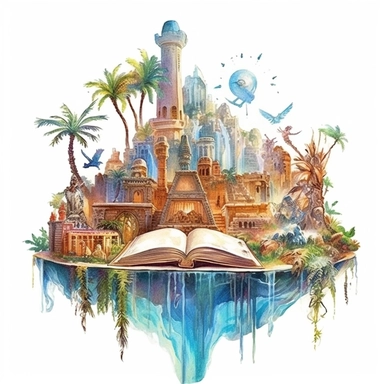 Fantasy book with Lost Civilizations: Uncovering forgotten worlds filled with secrets and ancient wonders, watercolor, clipart, white background