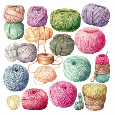 Watercolor Clip Art Hobby Knitting and Crocheting , Wool Yarn Cute Clipart Set. Collection of hand drawn balls of yarn for knitting