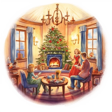 Illustrate a watercolor clipart of a cozy living room adorned with candles, a beautifully decorated Christmas tree, and people singing carols together. Capture the warmth and joy of the holiday season.